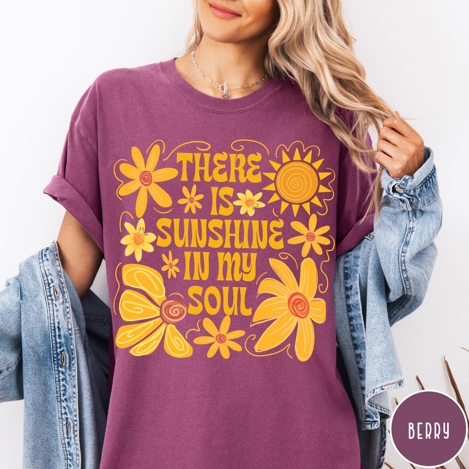 Comfort Colors tee in Berry featuring inspirational quote design with yellow flowers and a sun graphic