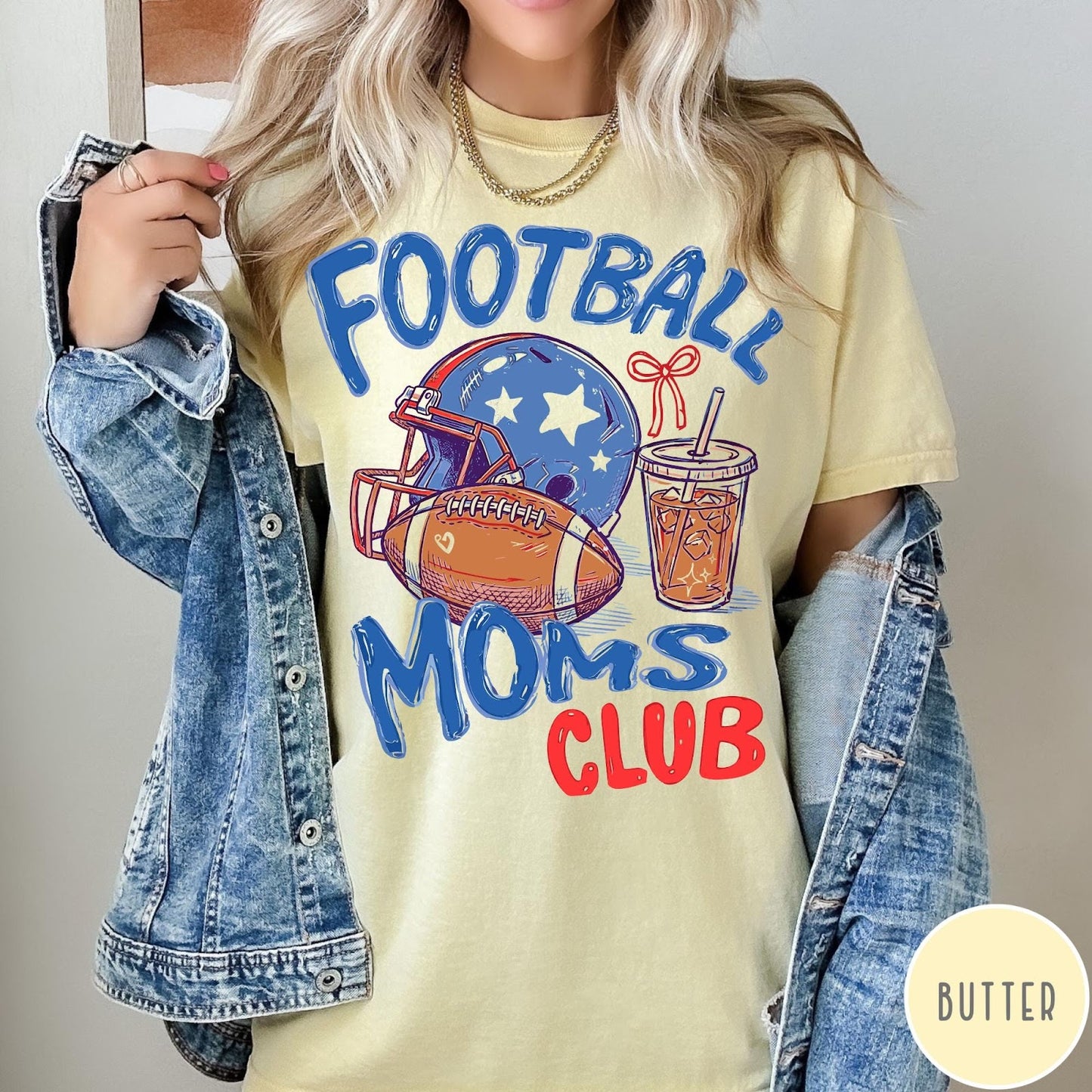 Comfort Colors tee in Butter featuring football lifestyle graphic with helmet, football, and iced coffee drink design