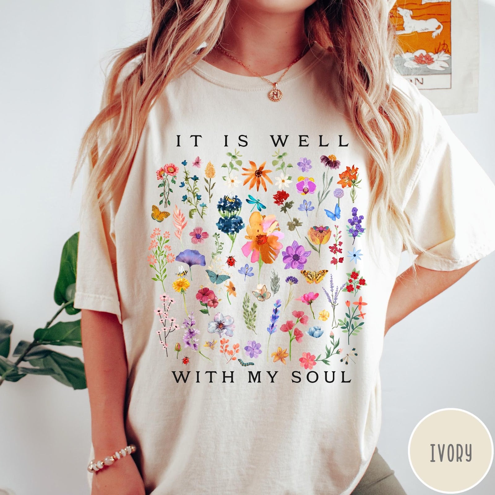 Comfort Colors tee in Ivory featuring wildflower bouquet graphic and It Is Well With My Soul text