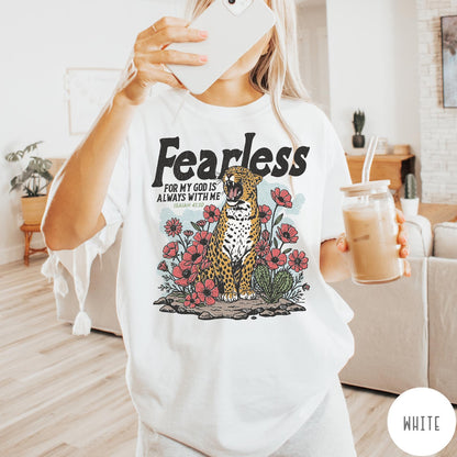 Comfort Colors tee in White featuring leopard and flowers graphic with Fearless Bible verse Isaiah 41:10 text
