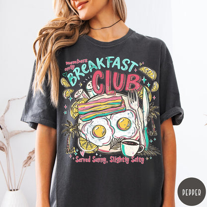 Comfort Colors tee in Pepper featuring retro breakfast food graphic with eggs, bacon, and coffee illustration