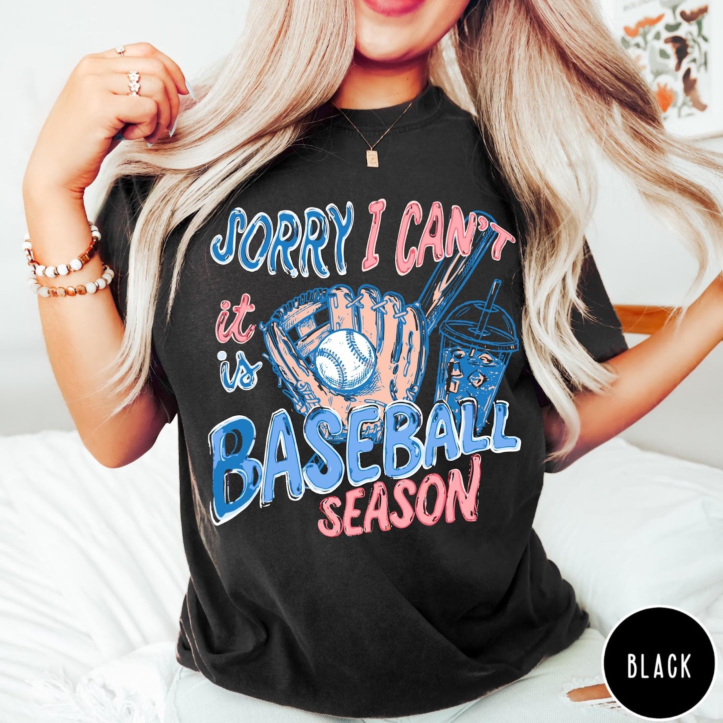Comfort Colors tee in Black featuring baseball graphic with glove, ball, bat, and iced coffee