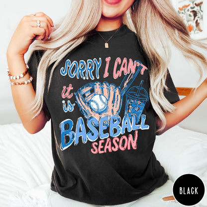 Comfort Colors tee in Black featuring baseball graphic with glove, ball, bat, and iced coffee