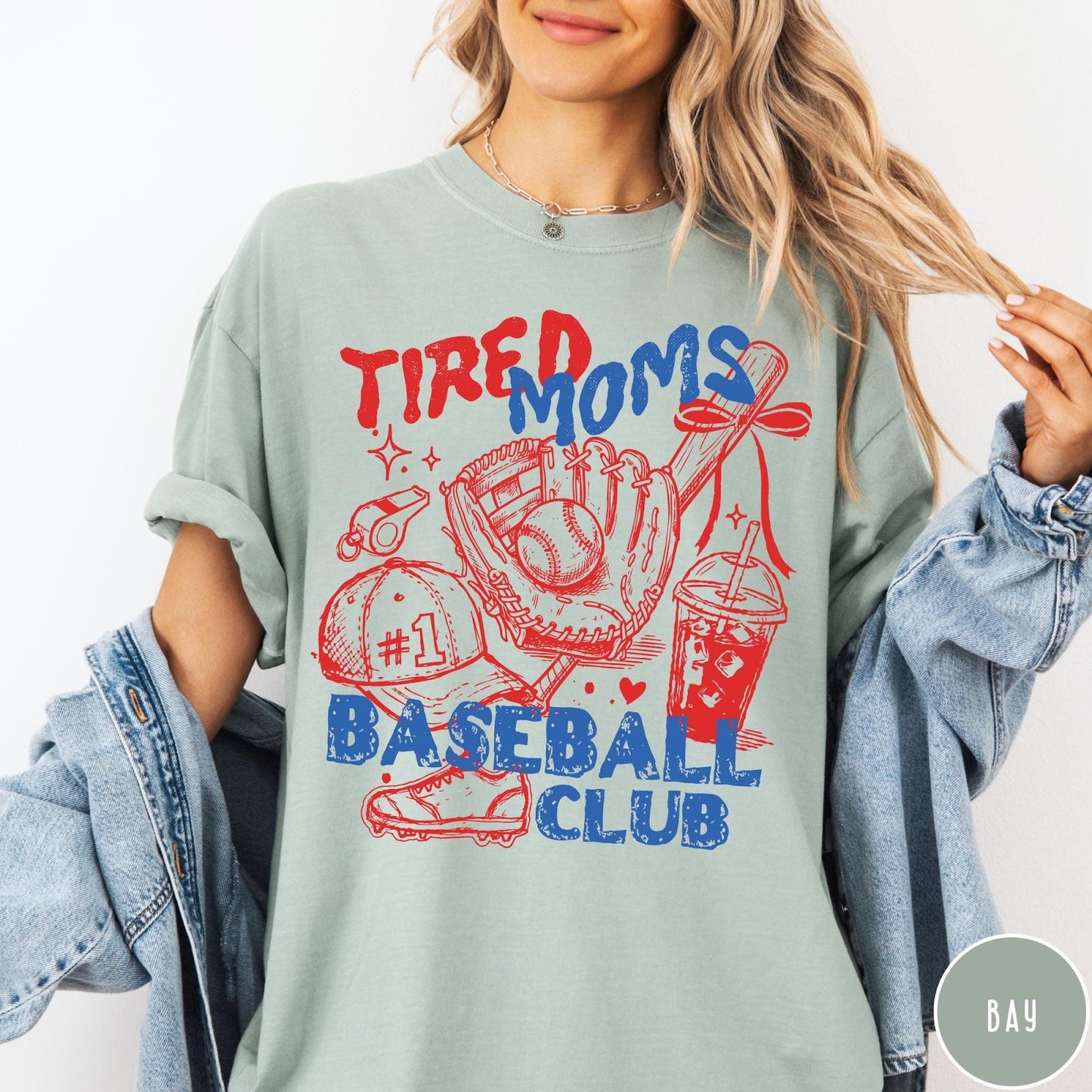 Comfort Colors tee in Bay featuring baseball mom life graphic with glove, ball, and iced coffee
