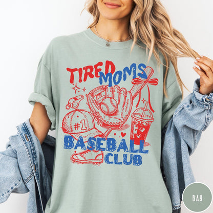 Comfort Colors tee in Bay featuring baseball mom life graphic with glove, ball, and iced coffee
