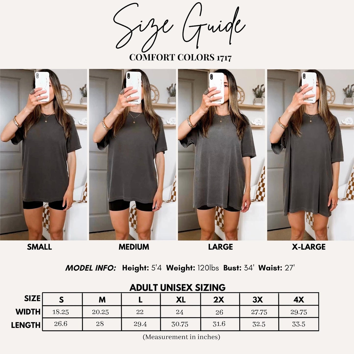 Comfort Colors tee size chart showing measurements for sizes S through 4XL with model fit examples