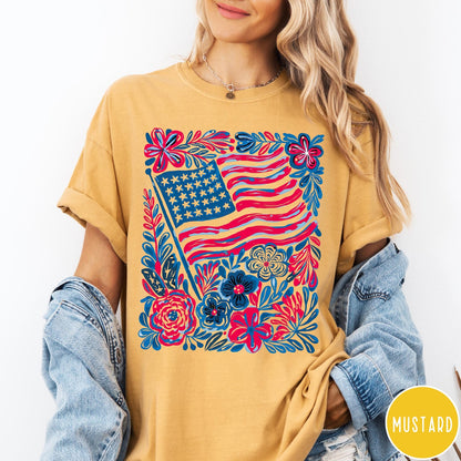 Comfort Colors tee in Mustard featuring boho floral design with an American flag and colorful flowers