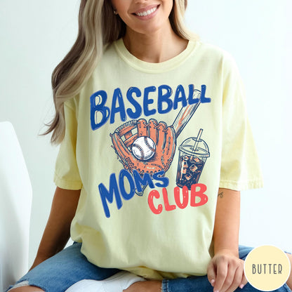 Comfort Colors tee in Butter featuring baseball mom graphic with a glove, ball, bat, and iced coffee