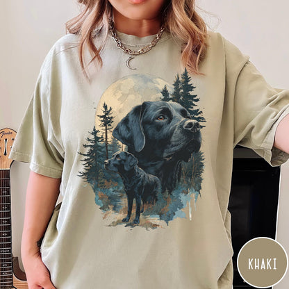 Comfort Colors tee in Khaki featuring nature style graphic of black Labrador dogs in a forest moon scene