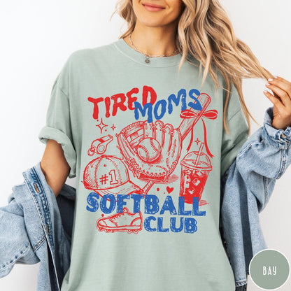 Comfort Colors tee in Bay featuring softball mom life graphic with glove, ball, cap, and drink