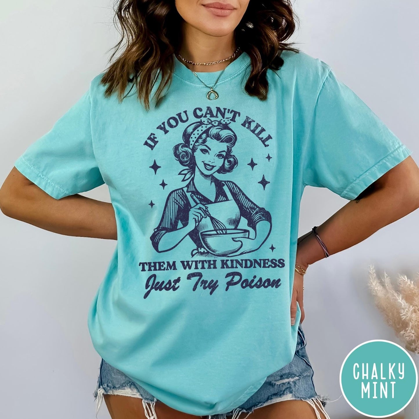 Comfort Colors tee in Chalky Mint featuring retro housewife design with a woman whisking a bowl and text