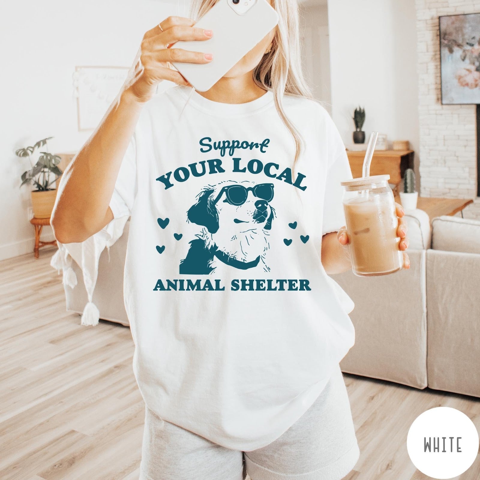 Comfort Colors tee in White featuring graphic illustration of a dog wearing sunglasses and surrounding small hearts