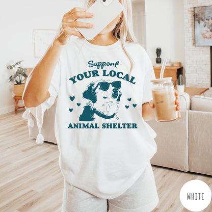Comfort Colors tee in White featuring graphic illustration of a dog wearing sunglasses and surrounding small hearts