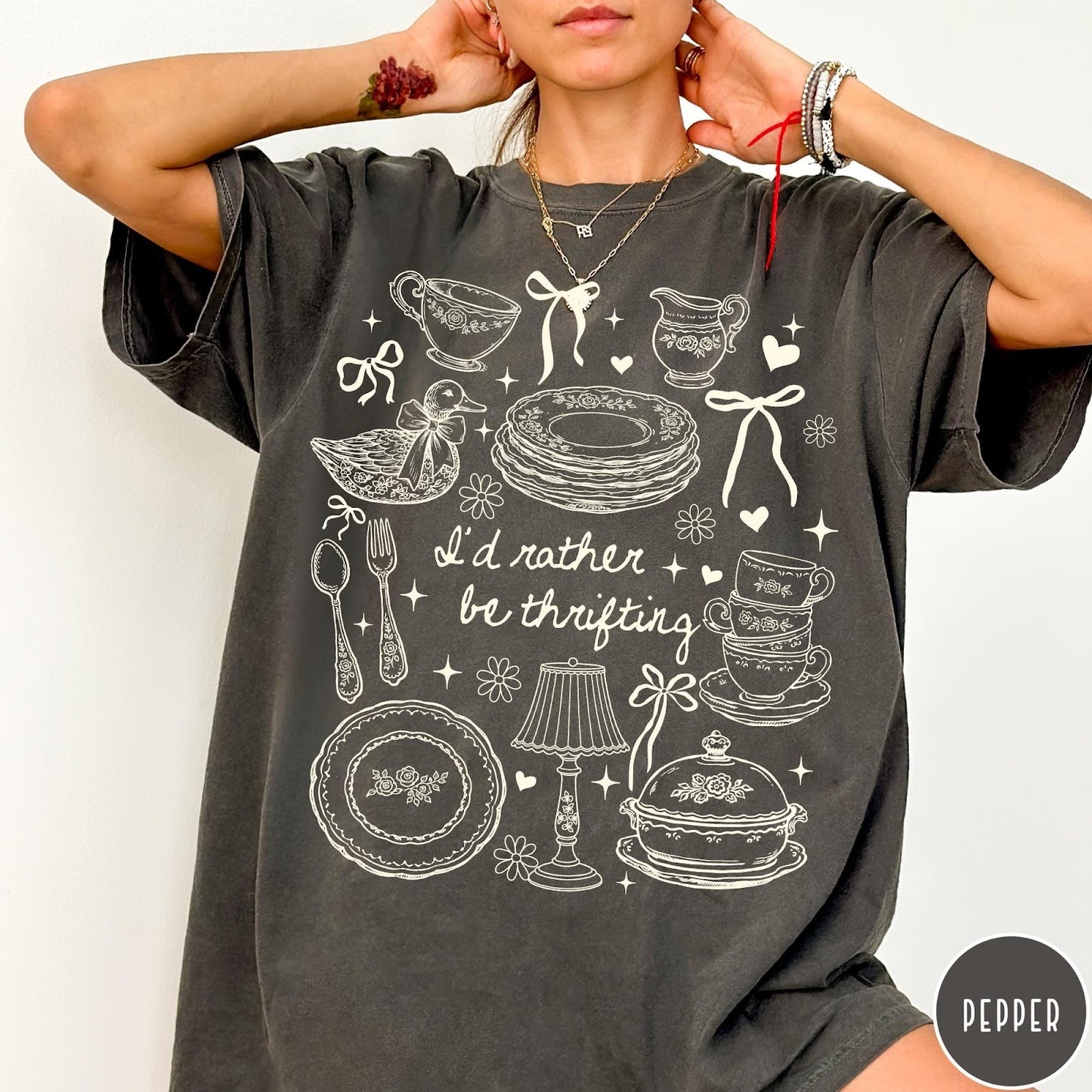 Comfort Colors tee in Pepper featuring line art style thrifting and antique home goods graphic design