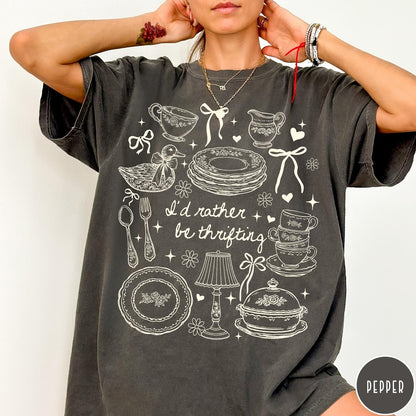 Comfort Colors tee in Pepper featuring line art style thrifting and antique home goods graphic design