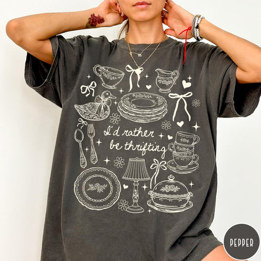 Comfort Colors tee in Pepper featuring line art style thrifting and antique home goods graphic design