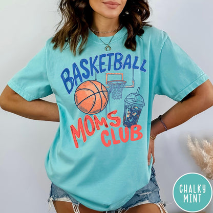 Comfort Colors tee in Chalky Mint featuring basketball mom life graphic with basketball, hoop, and iced coffee