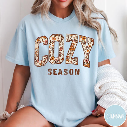 Comfort Colors tee in Chambray featuring autumnal floral typography with a cozy season graphic design