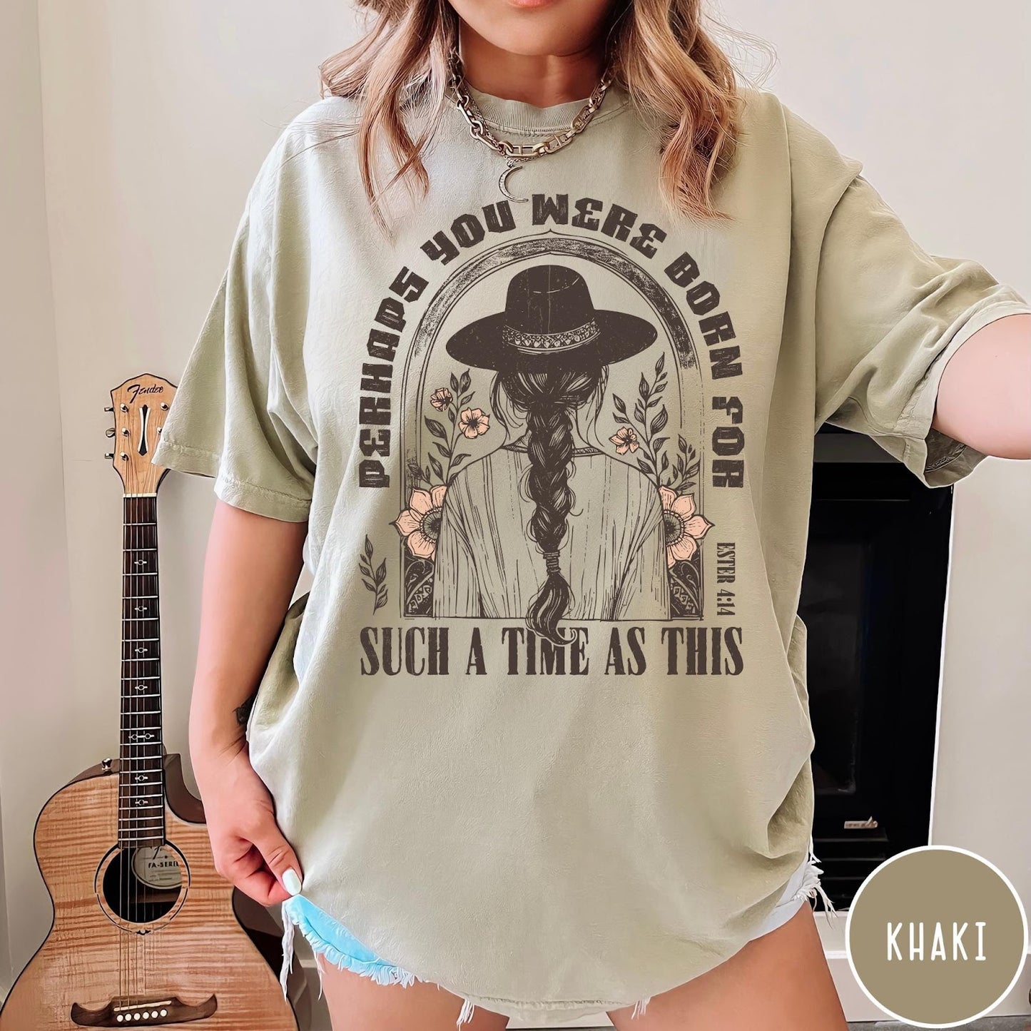 Comfort Colors tee in Khaki featuring boho style graphic of a woman in a hat with flowers