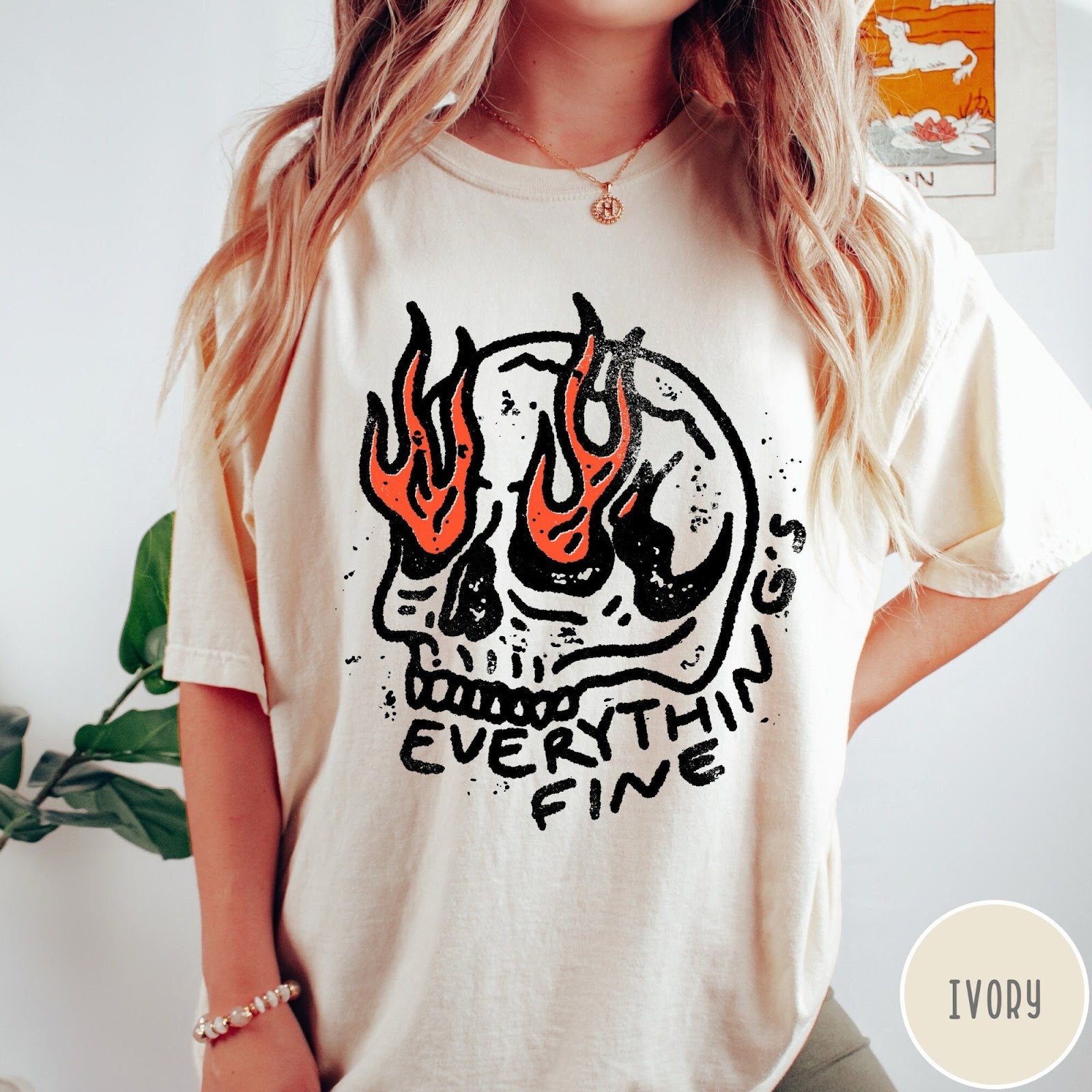 Comfort Colors tee in Ivory featuring distressed graphic style skull with flames and Everything is Fine text