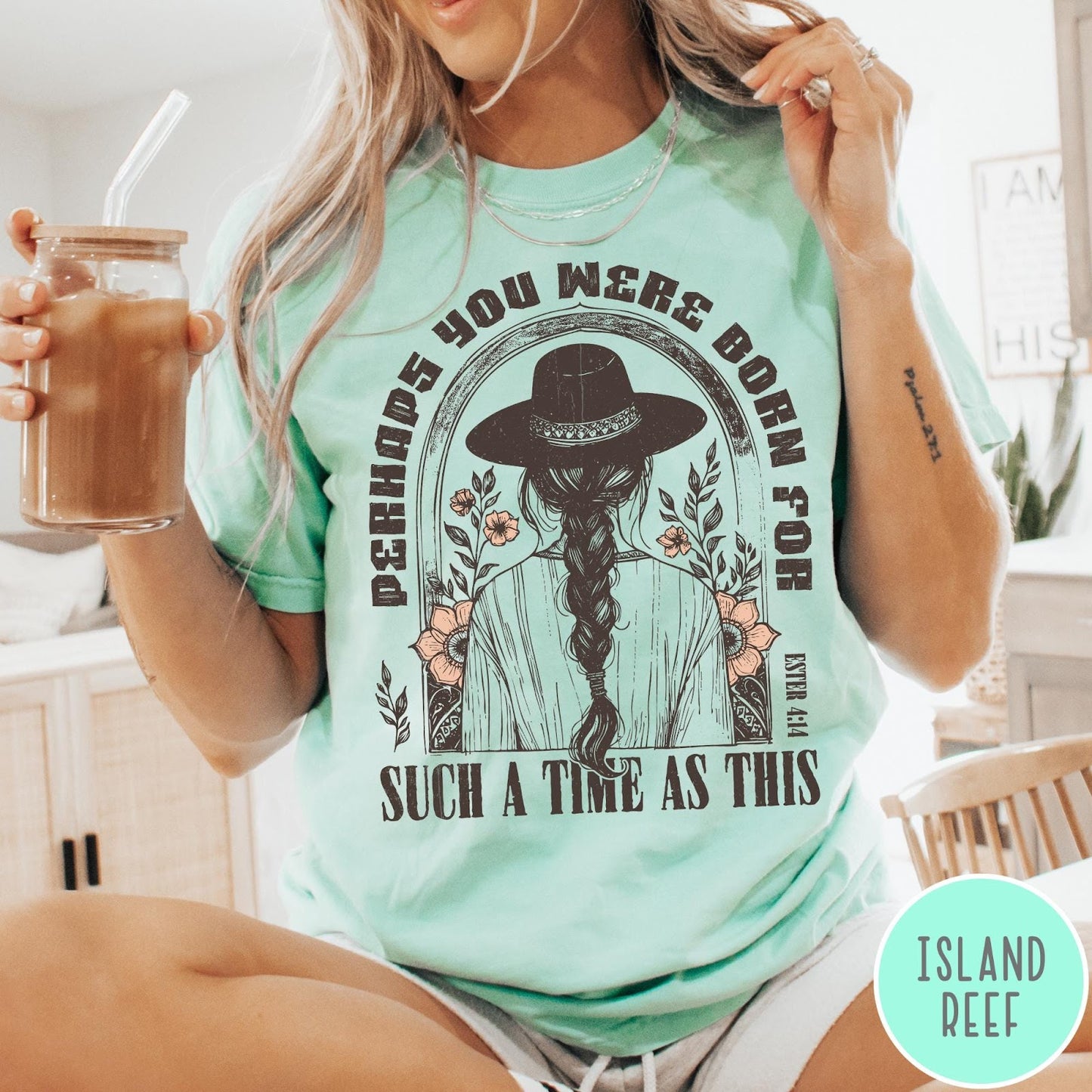 Comfort Colors tee in Island Reef featuring boho style graphic of a woman in a hat with flowers