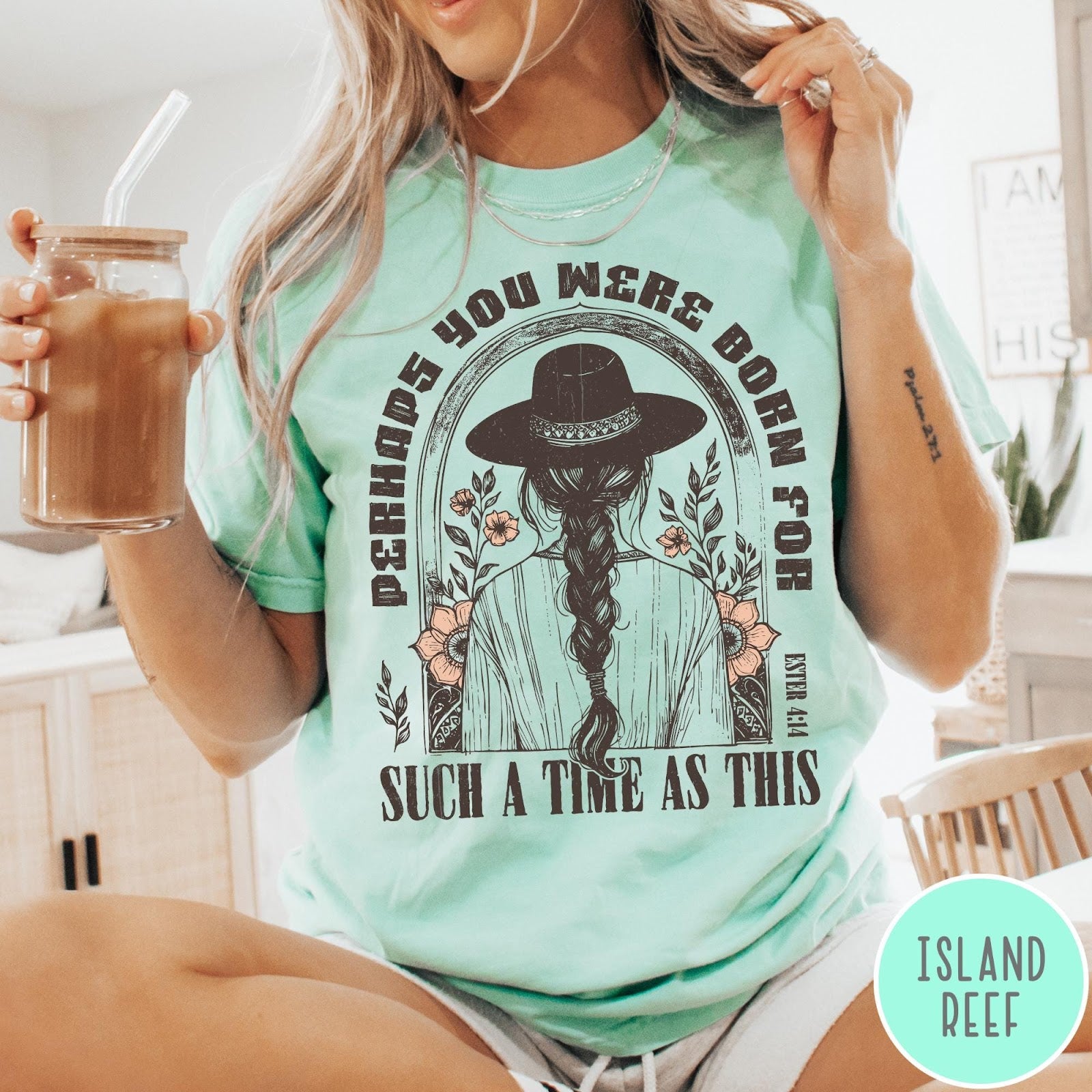 Comfort Colors tee in Island Reef featuring boho style graphic of a woman in a hat with flowers