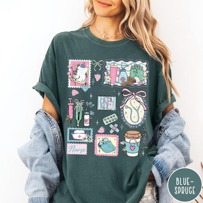 Comfort Colors tee in Blue Spruce featuring nursing profession collage design with medical supplies and floral accents