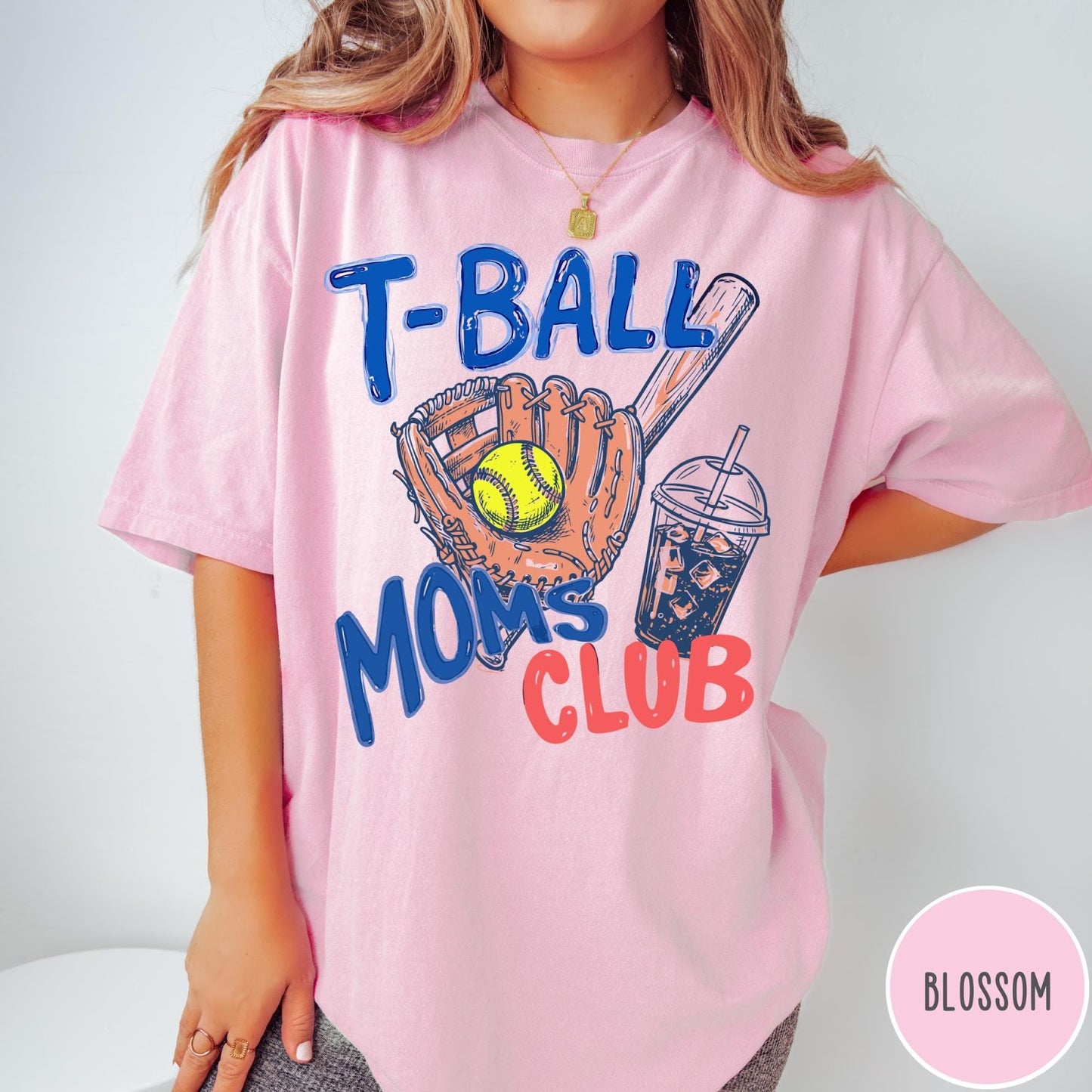 Comfort Colors tee in Blossom featuring retro graphic style T-Ball Moms Club with glove and iced coffee