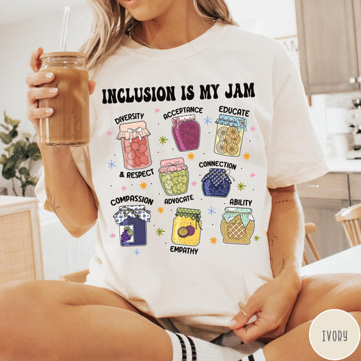 Comfort Colors tee in Ivory featuring retro style graphic with jam jars labeled with inclusion and advocacy terms