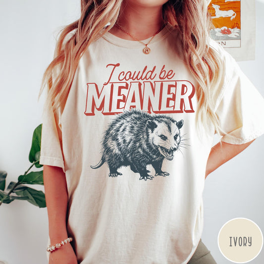 Comfort Colors tee in Ivory featuring screen printed opossum graphic with text I could be meaner