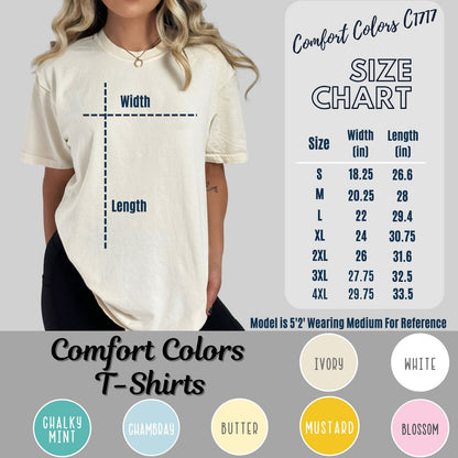 Comfort Colors tee size chart showing width and length measurements for sizes S through 4XL