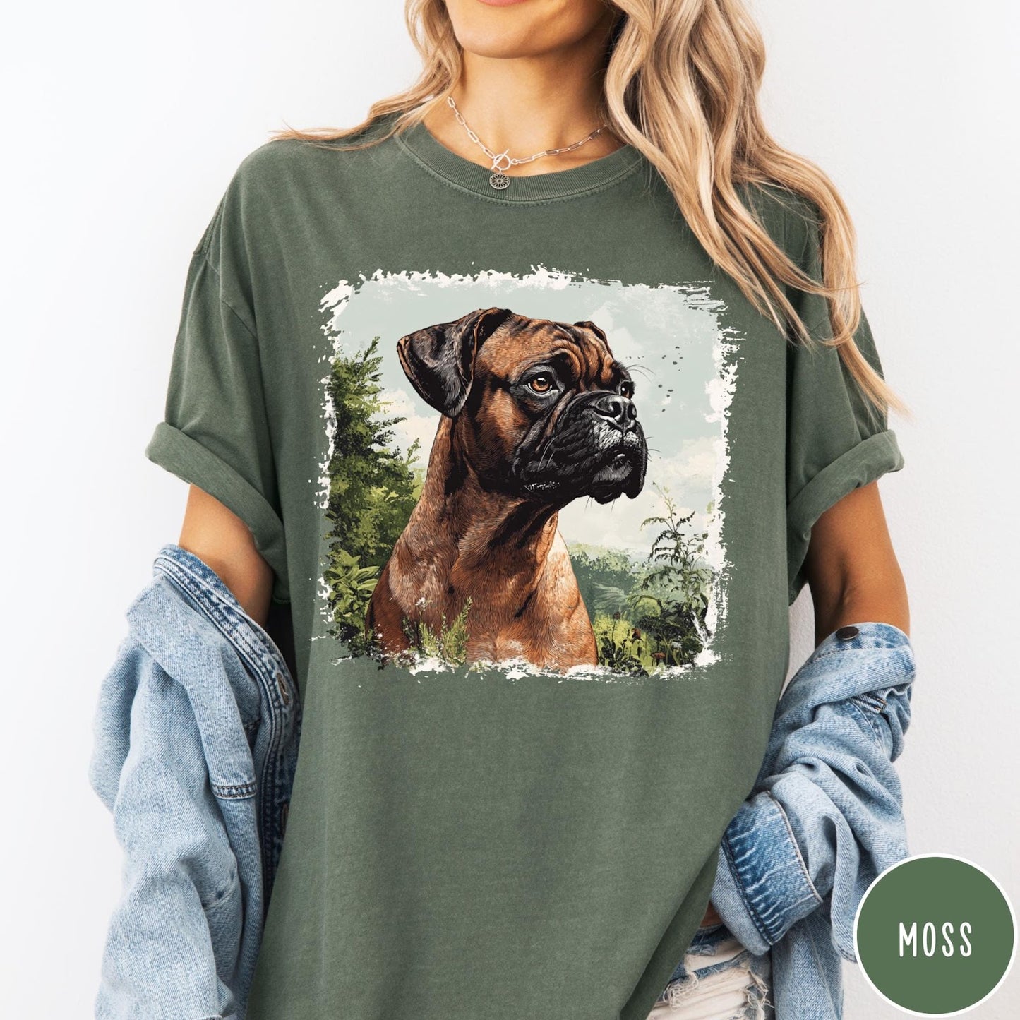 Comfort Colors tee in Moss featuring vintage style graphic of a detailed Boxer dog portrait