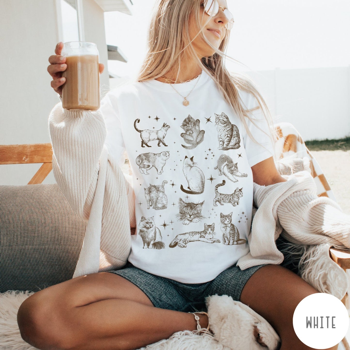 Comfort Colors tee in White featuring vintage style graphic illustration of various cats and celestial stars
