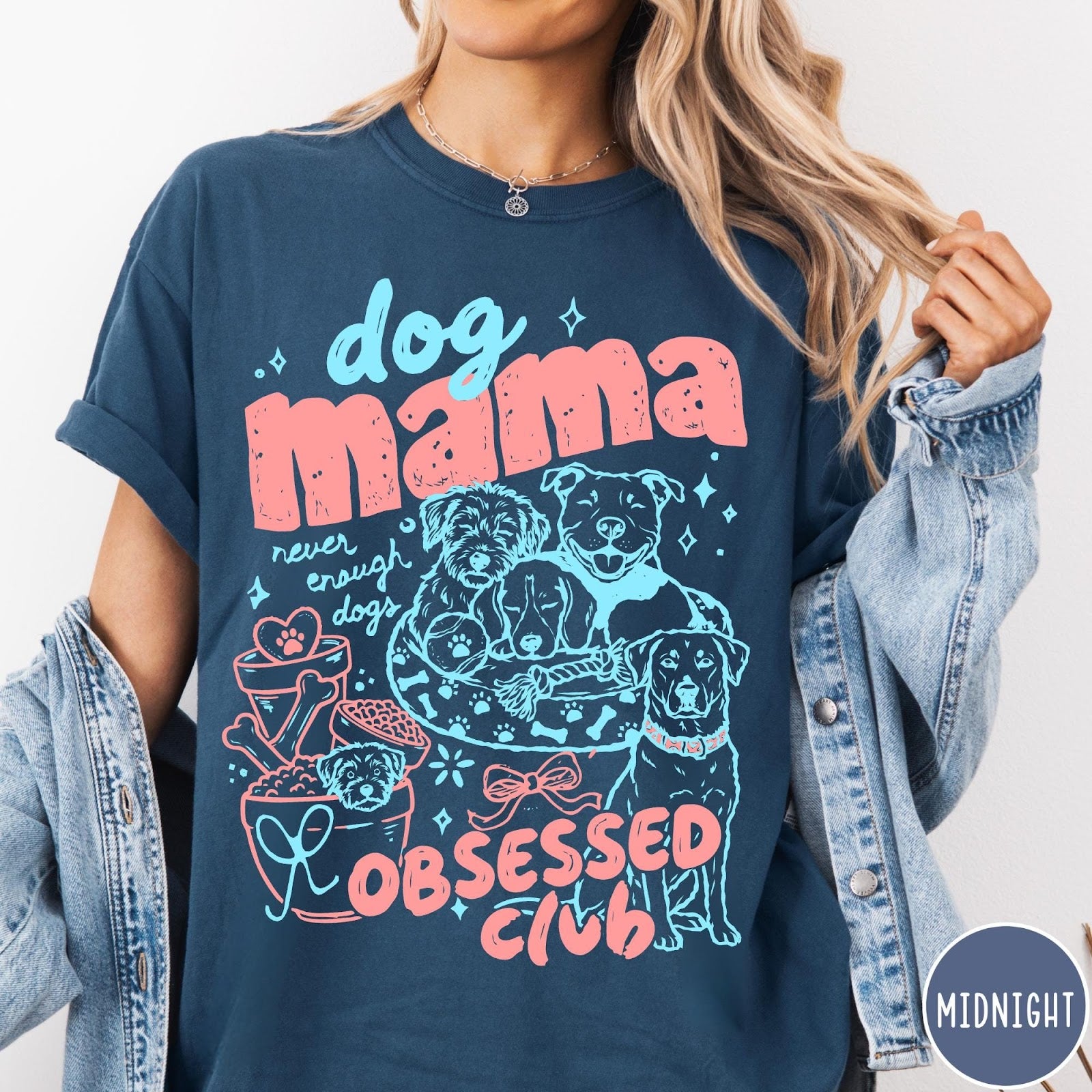 Comfort Colors tee in Midnight featuring dog mom design with multiple dogs and pink blue graphic