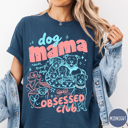 Comfort Colors tee in Midnight featuring dog mom design with multiple dogs and pink blue graphic