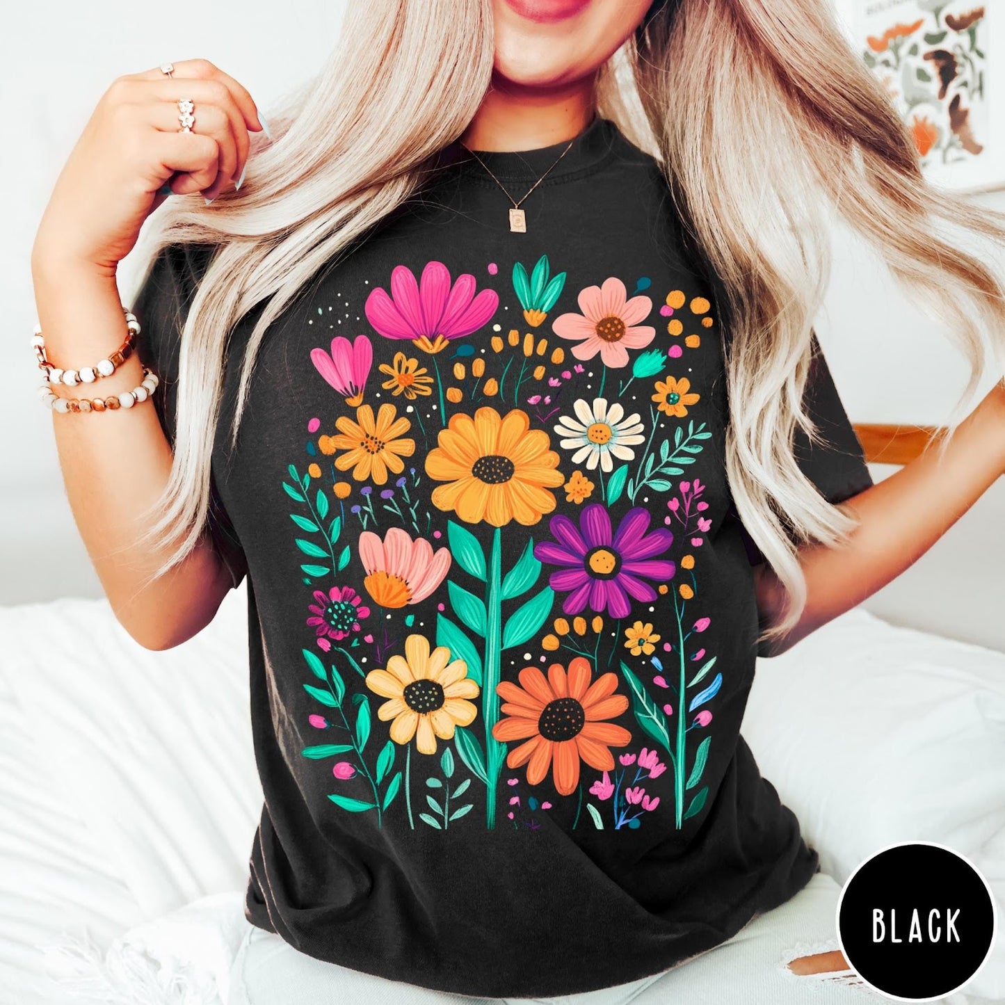 Comfort Colors tee in Black featuring boho floral design with colorful hand-drawn style garden flowers