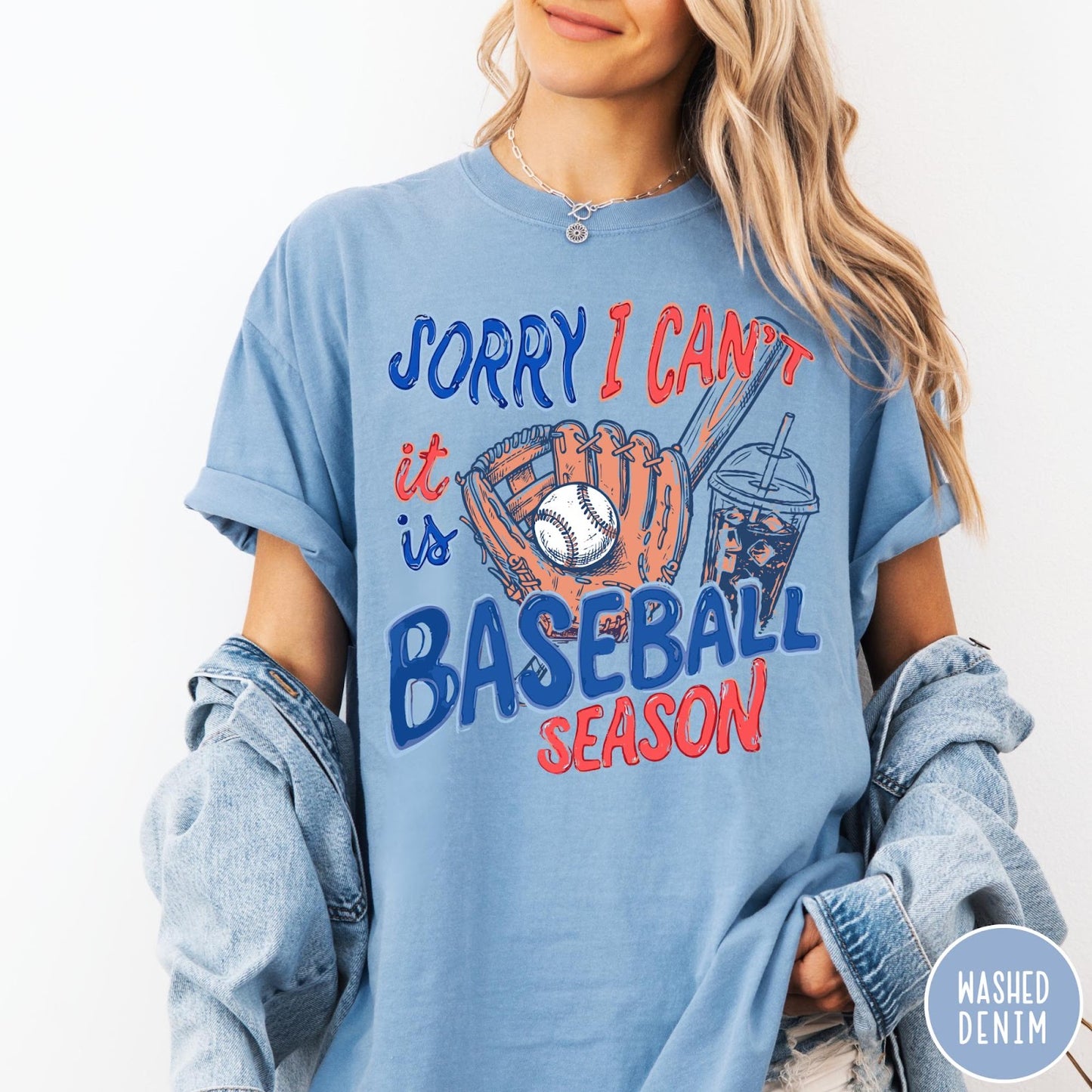 Comfort Colors tee in Washed Denim featuring baseball graphic with glove, ball, bat, and iced coffee