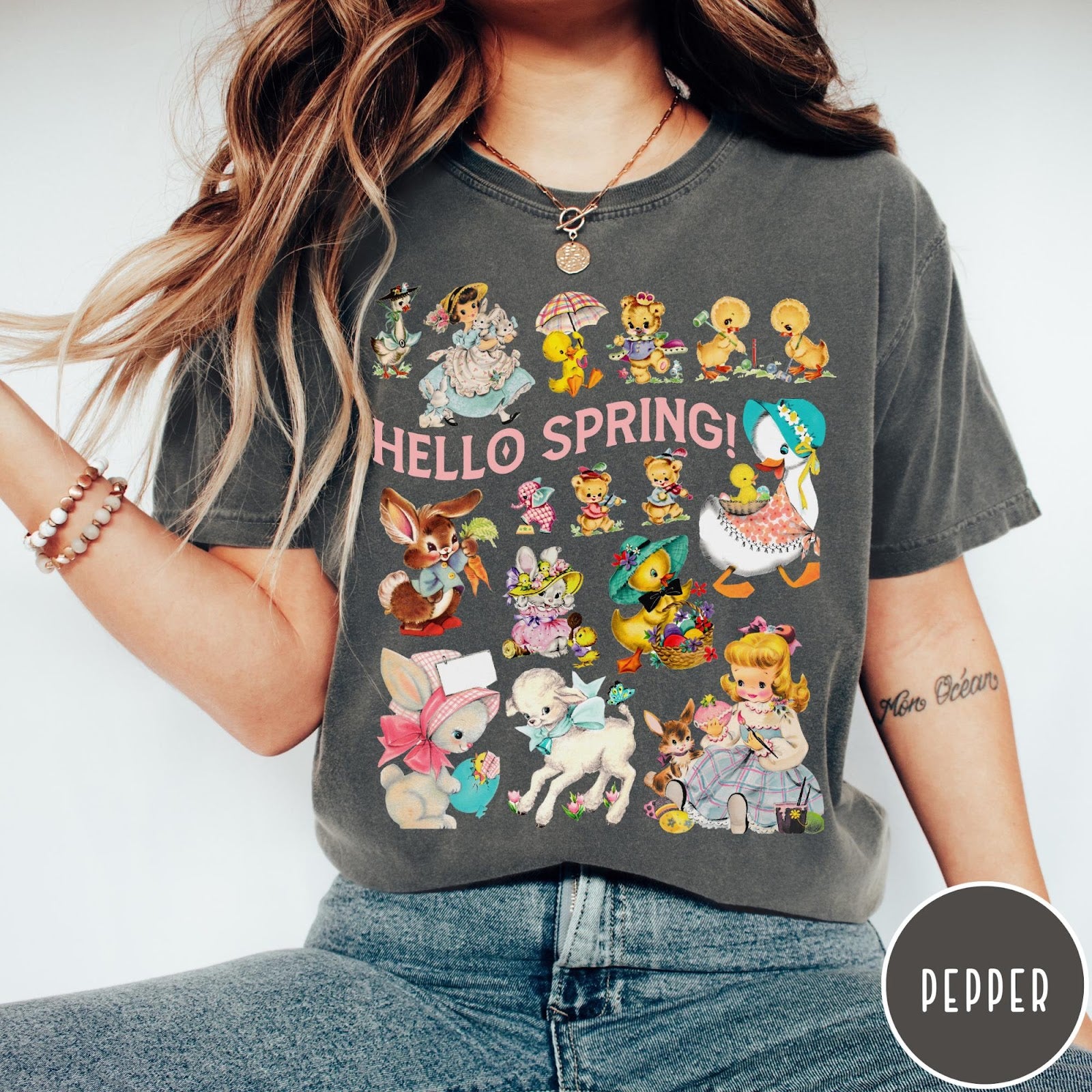 Comfort Colors tee in Pepper featuring vintage style graphic with spring animals and children illustrations