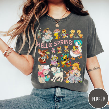Comfort Colors tee in Pepper featuring vintage style graphic with spring animals and children illustrations
