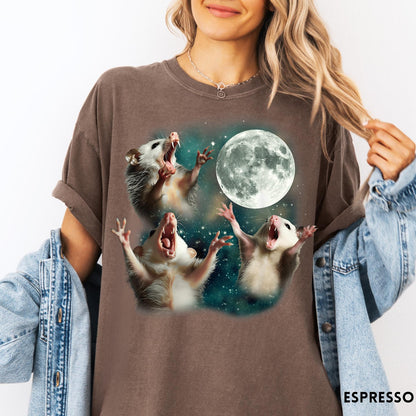 Comfort Colors tee in Espresso featuring vintage graphic style with three screaming possums reaching for the moon