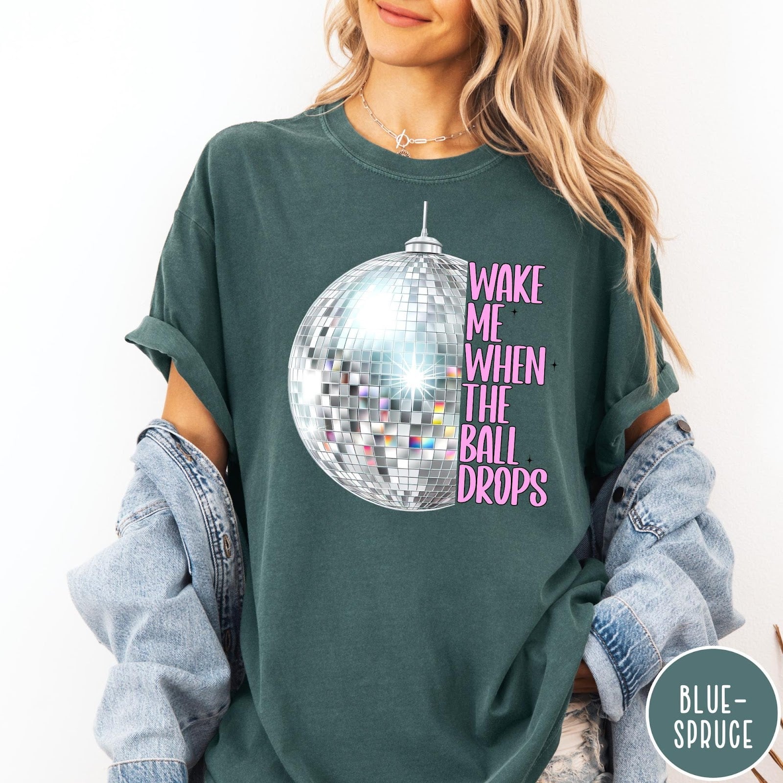Comfort Colors tee in Blue Spruce featuring disco ball graphic with text Wake Me When The Ball Drops