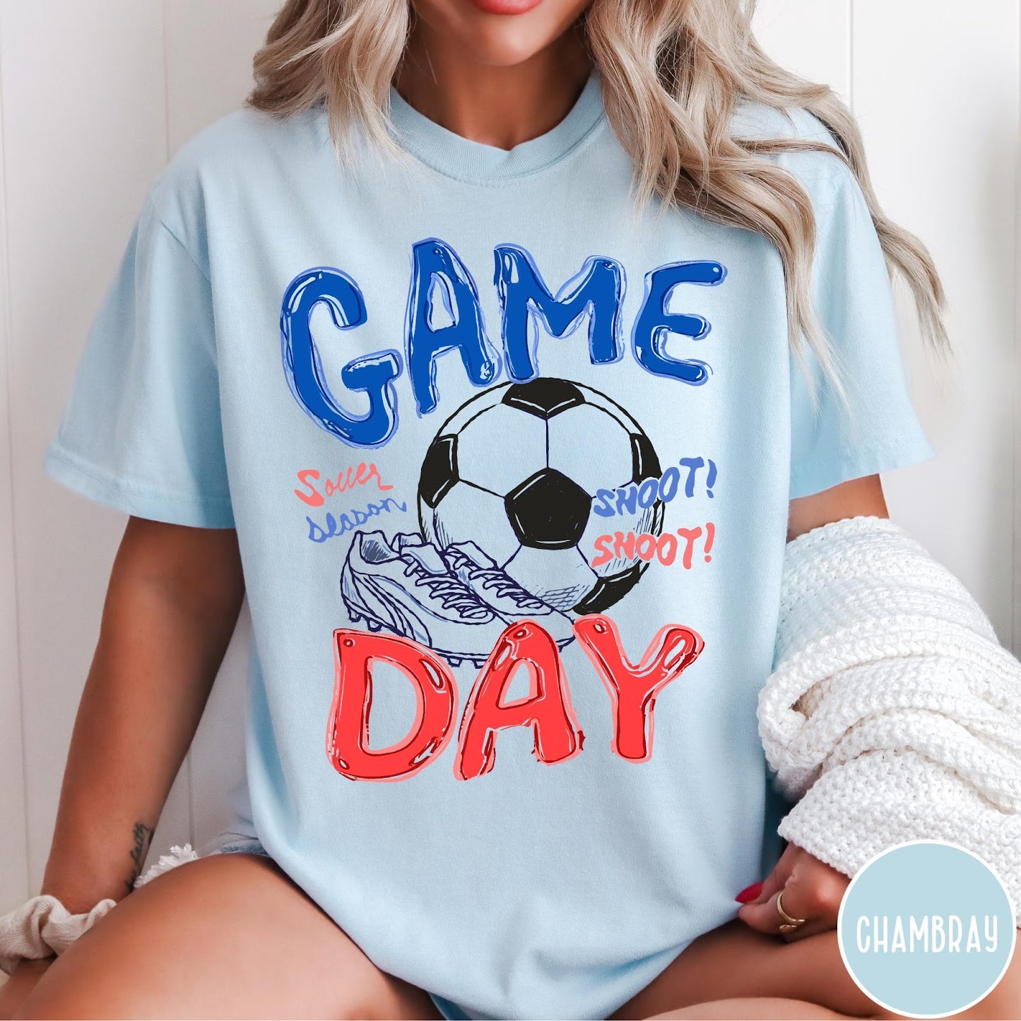 Comfort Colors tee in Chambray featuring soccer graphic with a ball, cleats, and Game Day text