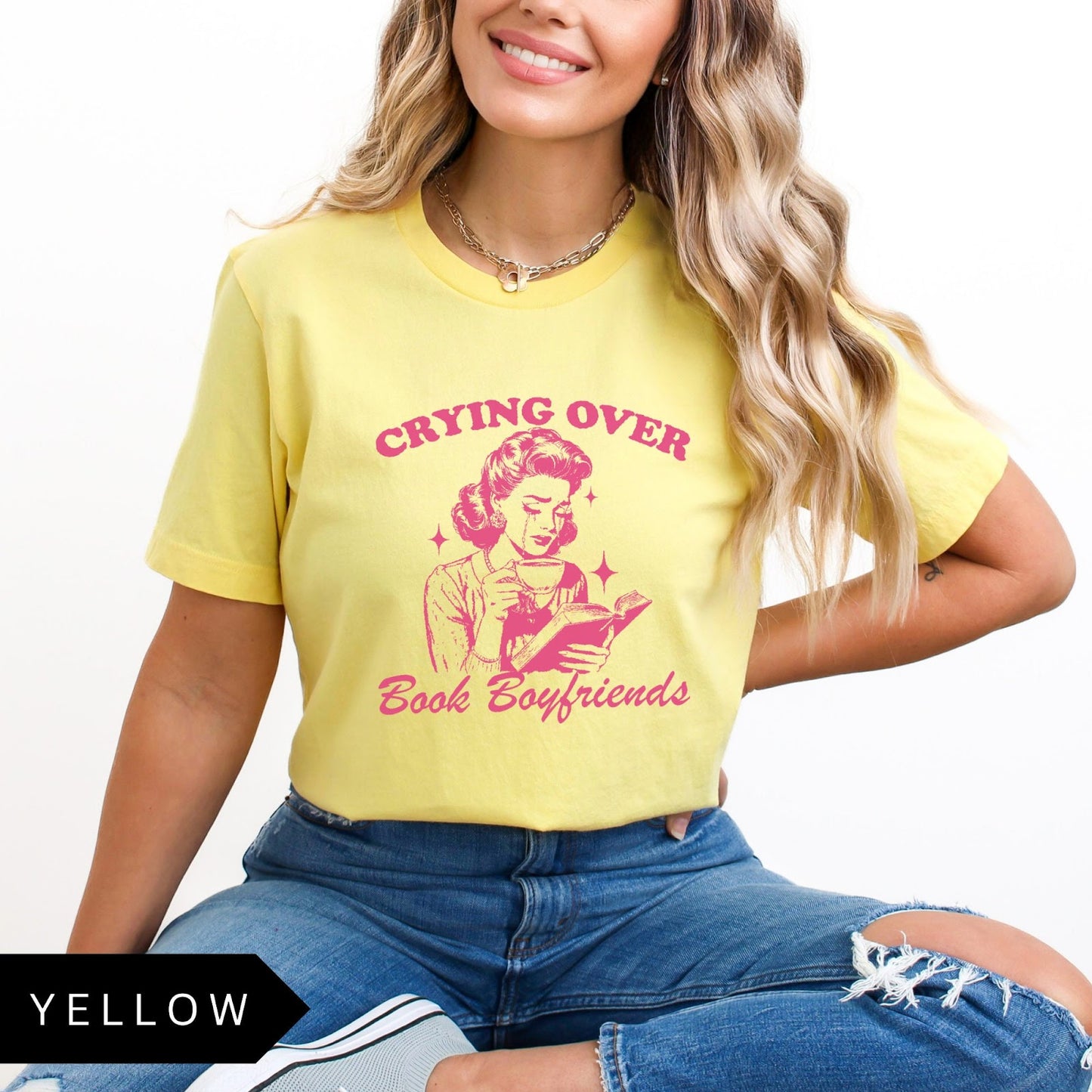 Comfort Colors tee in Yellow featuring retro style graphic of a woman crying while reading a book