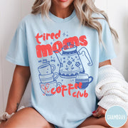 Comfort Colors tee in Chambray featuring coffee themed graphic with teapot and stacked mugs and text design