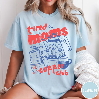 Comfort Colors tee in Chambray featuring coffee themed graphic with teapot and stacked mugs and text design
