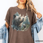 Comfort Colors tee in Espresso featuring vintage nature style graphic of two bears in a forest