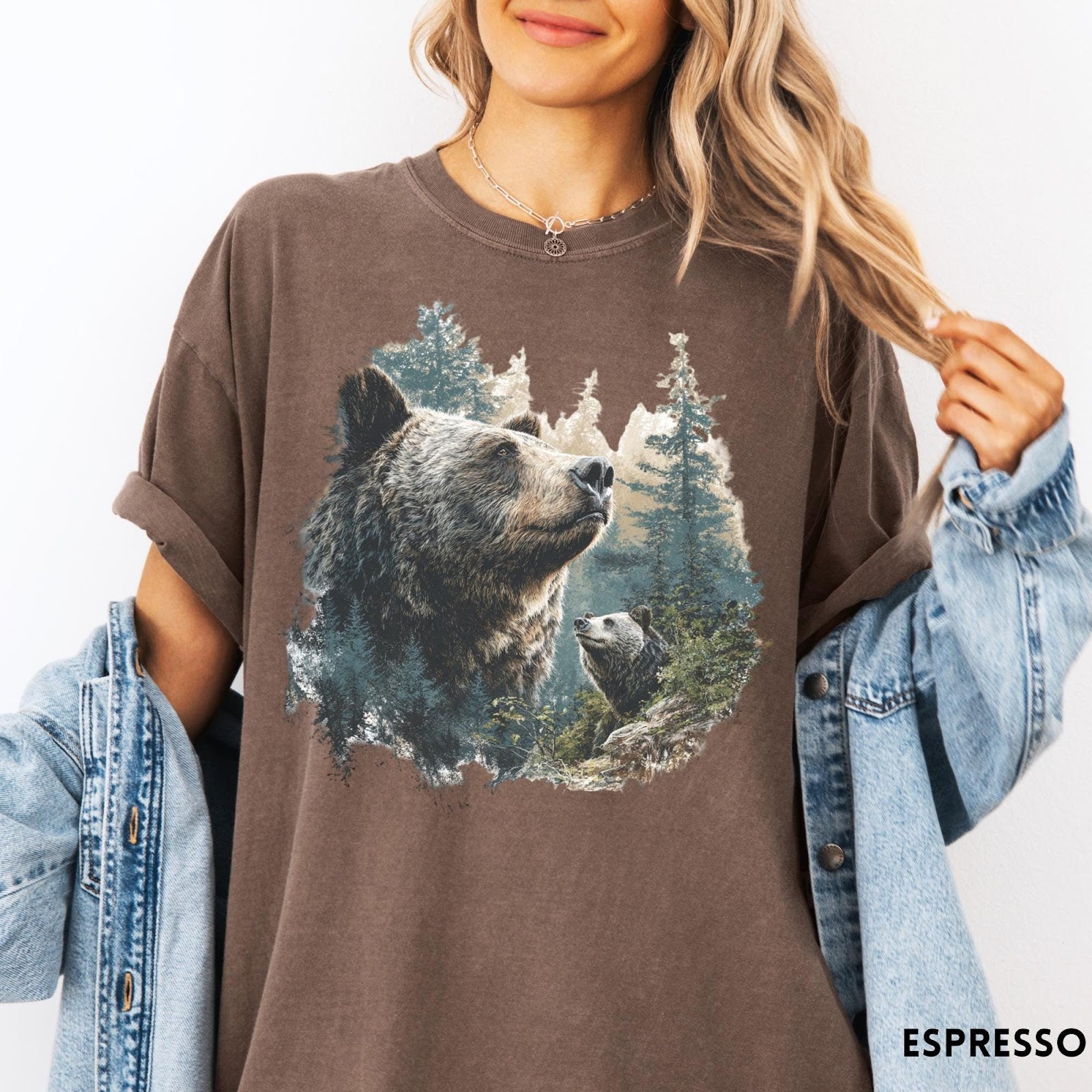 Comfort Colors tee in Espresso featuring vintage nature style graphic of two bears in a forest