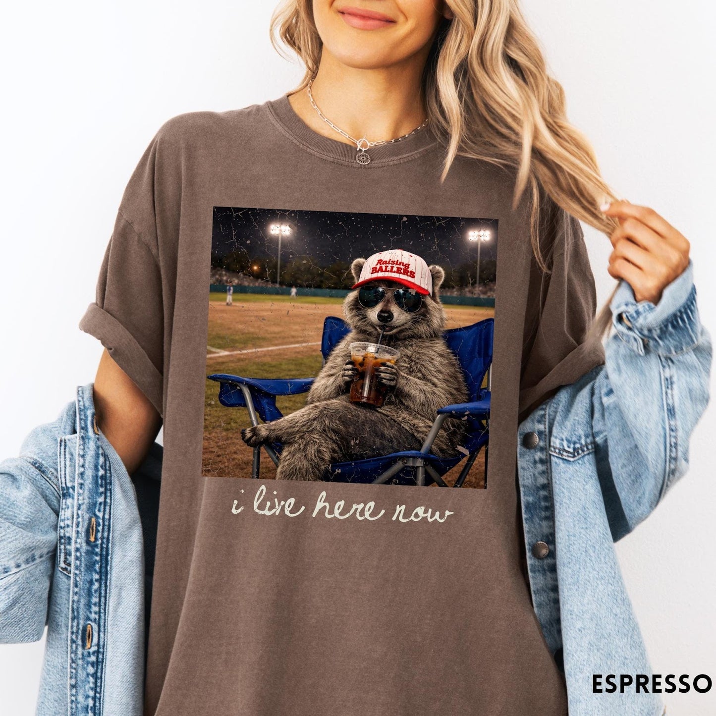 Comfort Colors tee in Espresso featuring graphic style raccoon wearing sunglasses and baseball cap at a stadium