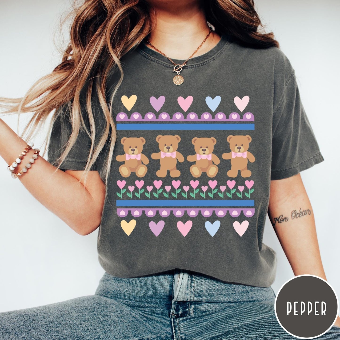 Comfort Colors tee in Pepper featuring vintage teddy bear pattern with hearts and pink bow tie bears