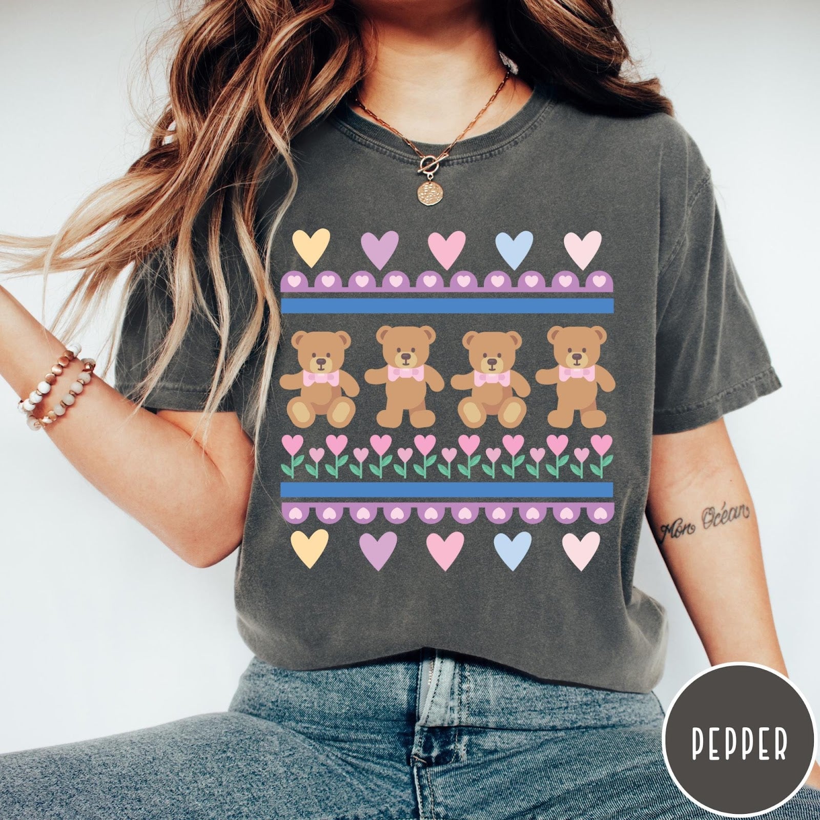 Comfort Colors tee in Pepper featuring vintage teddy bear pattern with hearts and pink bow tie bears